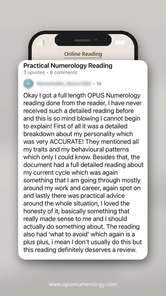 Client review of an Opus numerology reading (message screenshot) – 4 / 38