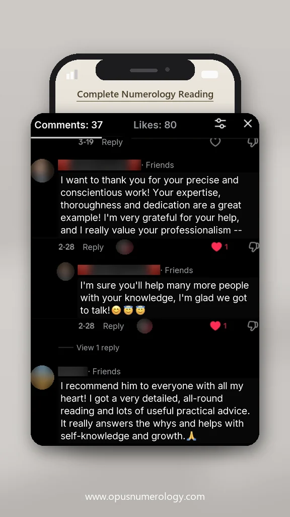 Client review of an Opus numerology reading (message screenshot) – 35 / 38