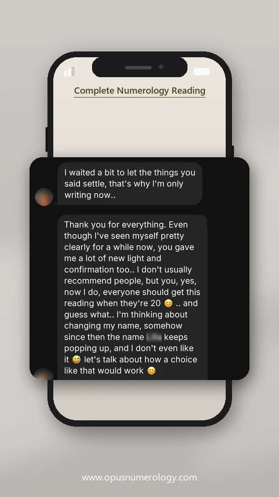 Client review of an Opus numerology reading (message screenshot) – 36 / 38