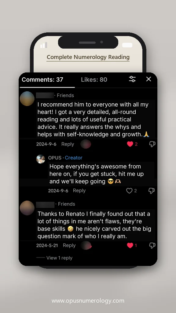 Client review of an Opus numerology reading (message screenshot) – 37 / 38
